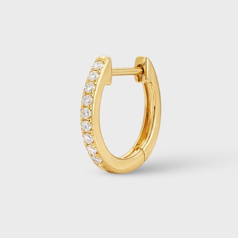 14K Yellow Gold diamond oval huggie percing with round white diamonds, front view