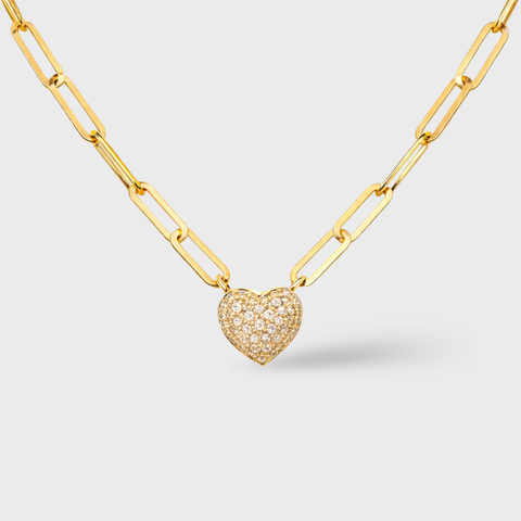 14Kt Yellow Gold Diamond Heart Link Necklace with pavé-set diamond heart pendant on elongated link chain, 0.20 carats.