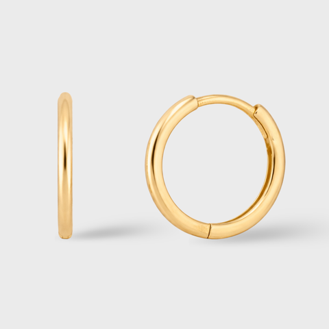 14K Yellow Gold thin huggie earrings, front view