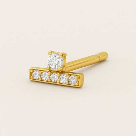 14K rose gold diamond T-bar stud earring featuring 10 round white diamonds in a minimalist geometric design, sold as single.