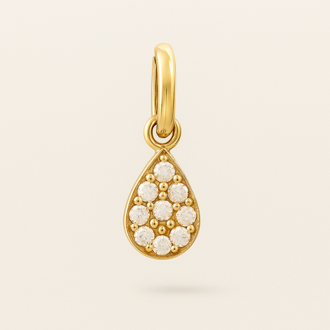 14K gold pavé diamond teardrop charm with round white diamonds and polished bail.
