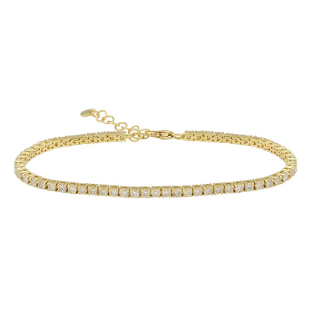 14K yellow gold tennis bracelet with 60 round white diamonds totaling 1.86 carats.