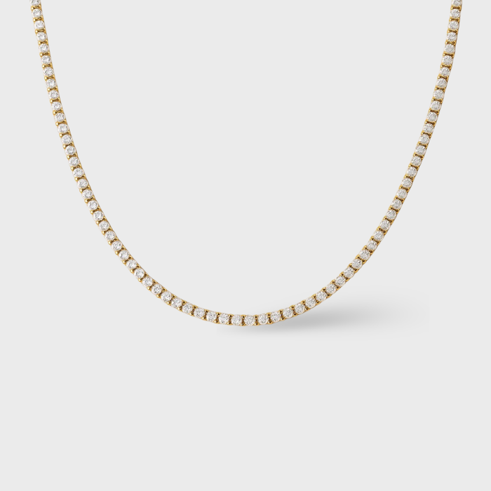 14K yellow gold diamond tennis necklace featuring 2.23 carats of round brilliant diamonds in a classic prong setting, luxury anniversary or bridal gift.