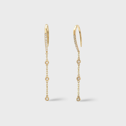 14K Yellow Gold diamond threader drop earrings with round white diamonds, front view