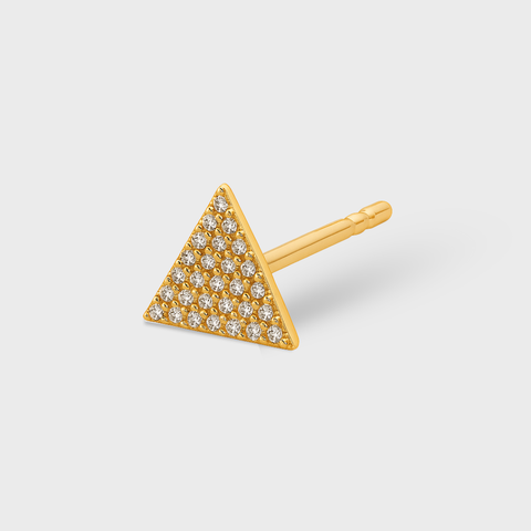 14K Yellow Gold diamond triangle stud piercing with round white diamonds, front view