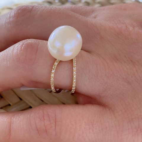 model wearing Diamond and Pearl Ring in 14K Gold