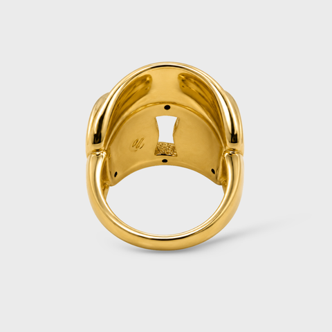Two-tone 18K Duo Link ring back view showing hollow construction and Italian gold hallmark stamps inside the band