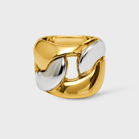 Two-tone 18K yellow and white gold Duo Link statement ring, sculptural curb-chain link design, Italian-made, front view