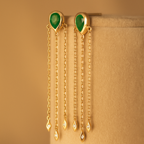 18K Yellow Gold emerald & diamond drop chain earrings with round white diamonds, side view