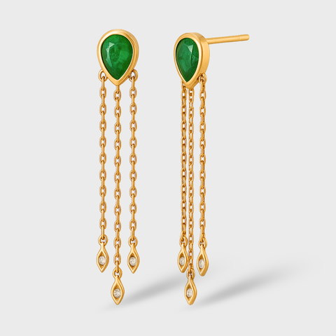 18K Yellow Gold emerald & diamond drop chain earrings with round white diamonds, front view