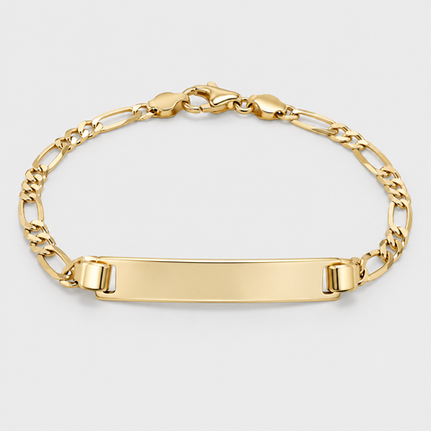 14K yellow gold Figaro ID bracelet featuring a polished engravable name plate with alternating long and short Figaro chain links.