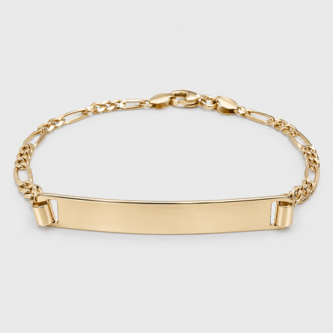 Back view of the 14K yellow gold Figaro ID bracelet showcasing the engravable ID plate and Figaro chain design.