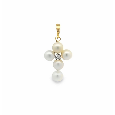 14Kt Pearl Diamond Cross 13mm/0.51in