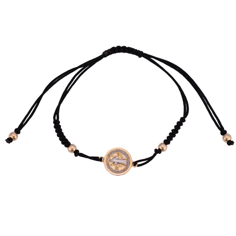 14Kt Two Tone St. Benedict Black Silk Bracelet