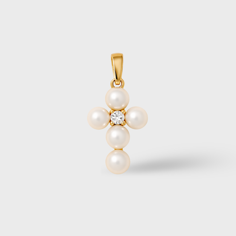 14K Yellow Gold pearl cross pendant with pearl, front view