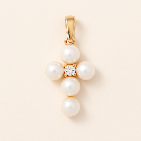 14K yellow gold cross pendant with five freshwater pearls and a diamond accent at the center.