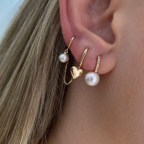 14K Yellow Gold pearl heart chain drop hook earring with pearl, side view