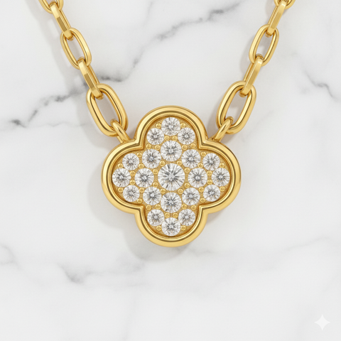 Flat lay product shop on marble top of 14K Yellow Gold Diamond Clover Necklace – 0.16 Carats
