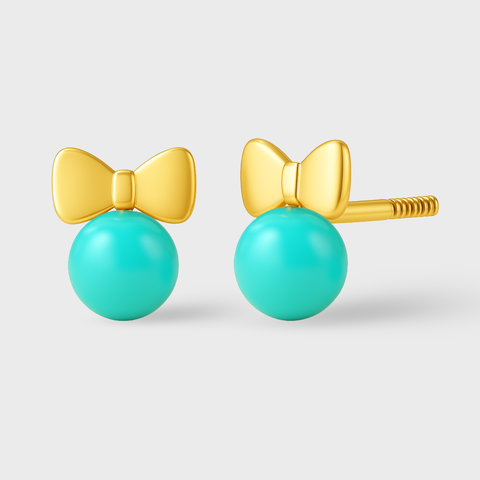 14K Yellow Gold gold bow & turquoise stud earrings, front view
