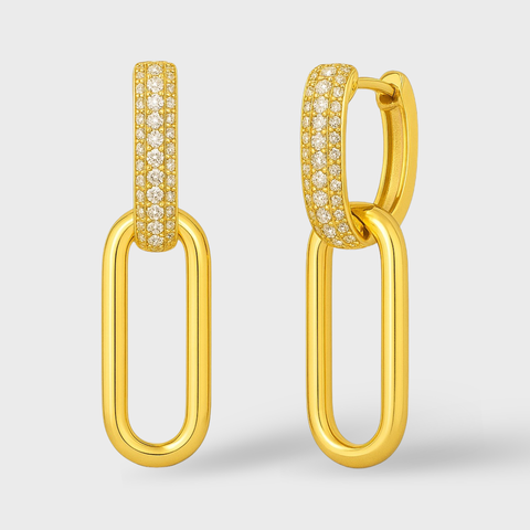 14K Yellow Gold gold diamond link drop earrings with round white diamonds, front view