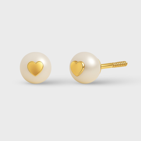 Gold Heart Pearl Stud Earrings in 14K Gold - 5mm