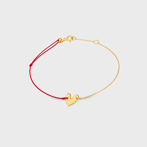 18K Yellow Gold gold heart red bracelet, front view