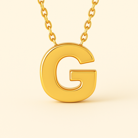 Close-up of 14K gold initial G pendant necklace with polished finish on adjustable chain.
