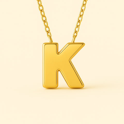 Close-up of 14K gold initial K pendant necklace with polished finish on adjustable chain.