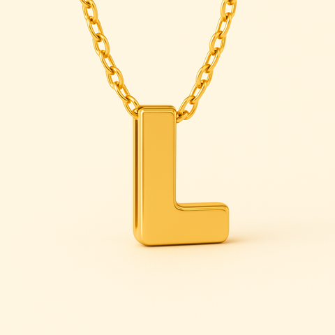 Close-up of 14K gold initial L pendant necklace with polished finish on adjustable chain.