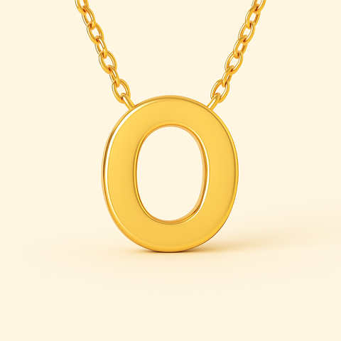 Close-up of 14K gold initial O pendant necklace with polished finish on adjustable chain.