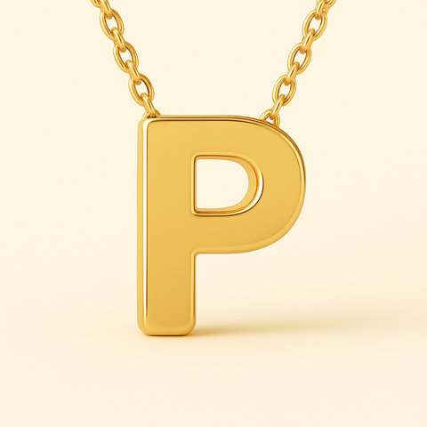 Close-up of 14K gold initial P pendant necklace with polished finish on adjustable chain.