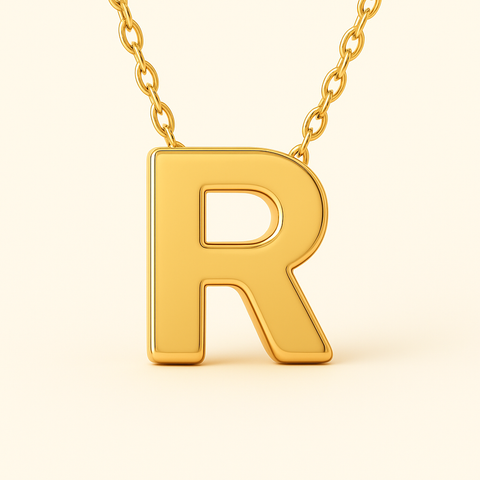 Close-up of 14K gold initial R pendant necklace with polished finish on adjustable chain.