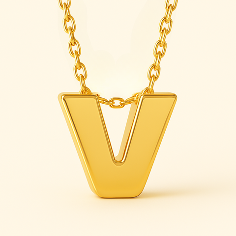 Close-up of 14K gold initial pendant necklace with polished finish on adjustable chain.