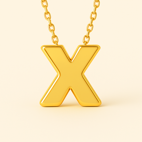 Close-up of 14K gold initial X pendant necklace with polished finish on adjustable chain.