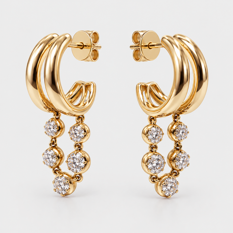 Diamond Double Hoop Drop Earrings in 14K Yellow Gold