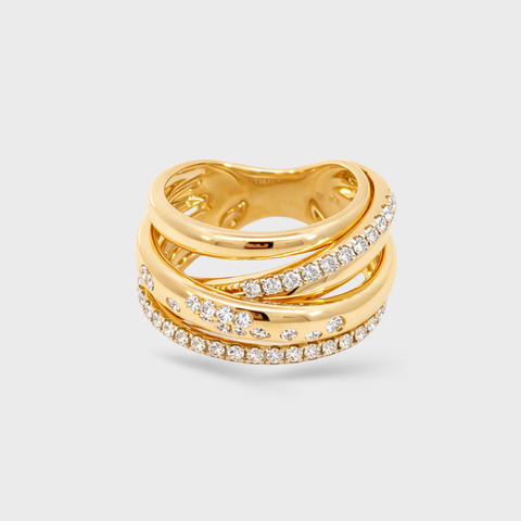 14K yellow gold multi-band diamond wrap ring with pavé-set diamonds, front view