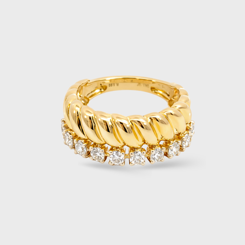 14K Yellow Gold 14k gold twisted diamond accent band with round white diamonds, front view