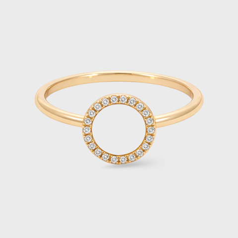 14K yellow gold diamond circle halo ring with pavé-set diamonds, front view