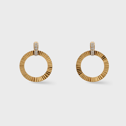 14K Yellow Gold diamond circle drop earrings with round white diamonds, front view