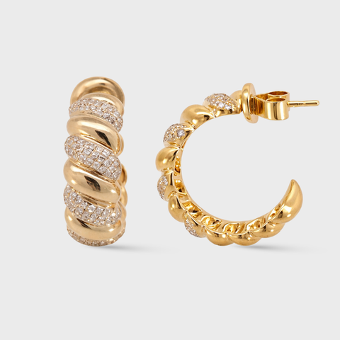 14K yellow gold diamond ribbed hoop earrings, front view