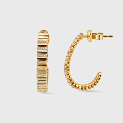 14K Yellow Gold 14k diamond oval hoop earrings with round white diamonds, front view