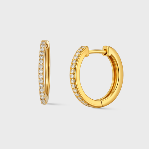 14K Yellow Gold pavé diamond hoop with round white diamonds, front view