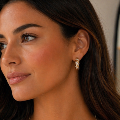 14K Diamond Ribbed Hoop Earrings