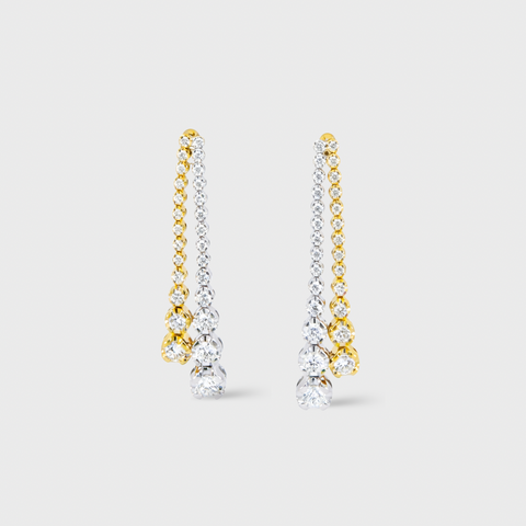 18K Yellow Gold double drop diamond earrings with round white diamonds, front view