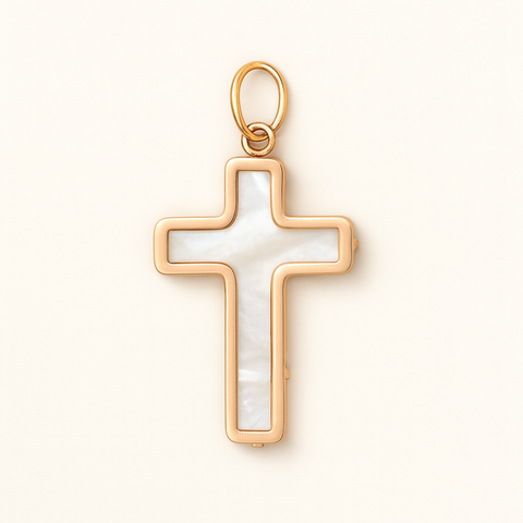14K yellow gold cross pendant with mother of pearl inlay