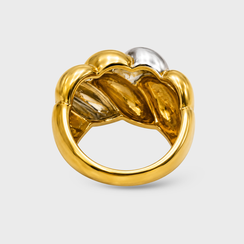 Two-tone 18K Linked Dome ring back view showing graduated band profile and Italian gold hallmark stamps inside the band