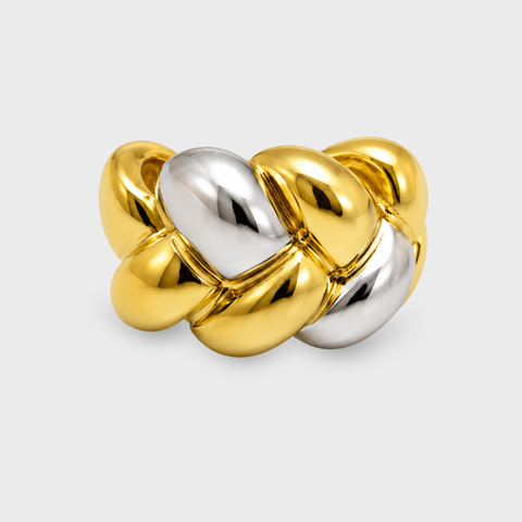 Two-tone 18K yellow and white gold Linked Dome cocktail ring, sculptural Italian bombé design with interwoven braided gold segments, front view
