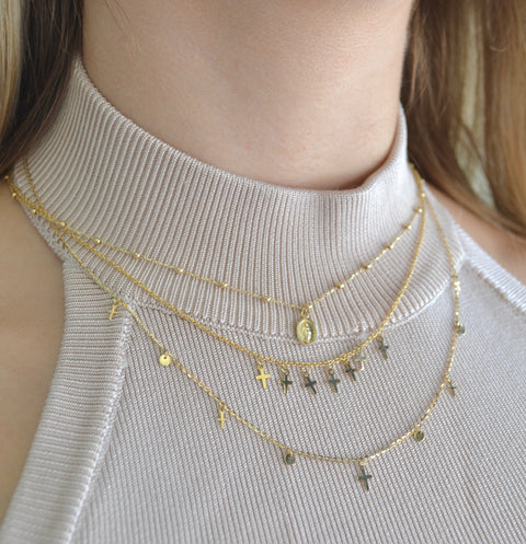 14K Yellow Gold mini miraculous medal beaded necklace, side view