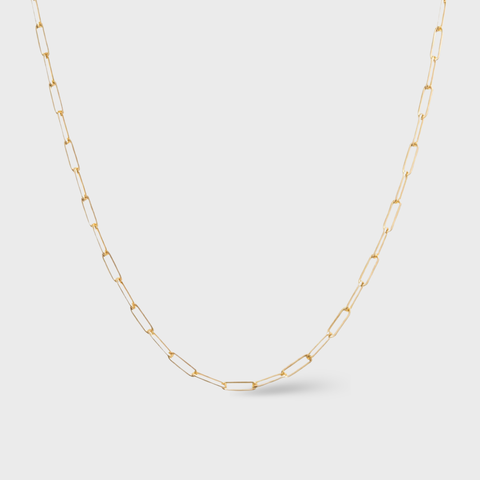 14K Yellow Gold mini paper clip necklace, front view