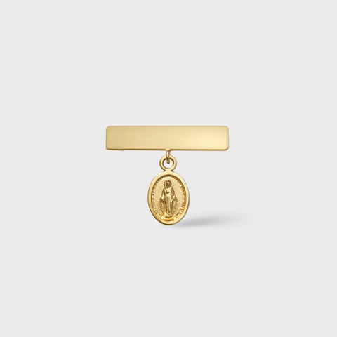 14K Yellow Gold miraculous medal bar pin, front view